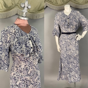 1930s dress vintage 30s PIXIE FACES FLORAL print blue white art deco lawn party cotton sheer