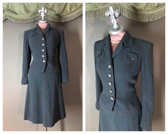 1940s suit vintage 40s SLATE BLUE DETAILED 2pc jac