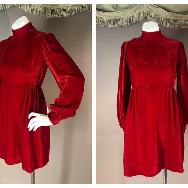 60s dress 1960s vintage RED VELVET rayon velvet bishop blouson sleeve mini dress