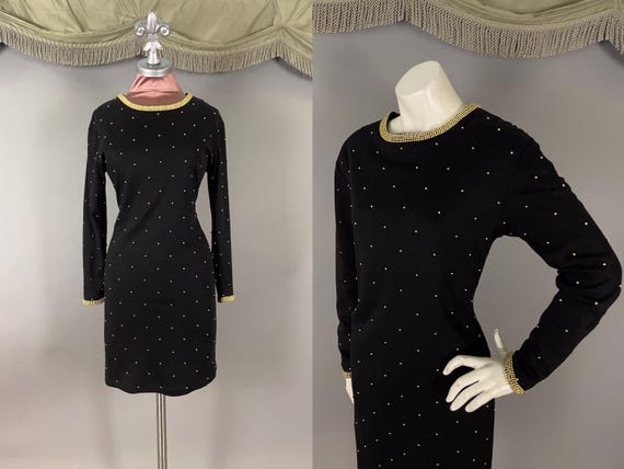 1980s Dress Vintage 80s Gold Stud Black Knit Hourglass Party Cocktail 1980s Dress Vintage 80s Gold Stud Black Knit Hourglass Party Cocktail