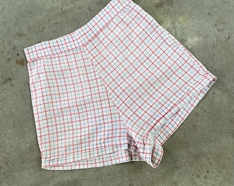 1950s shorts vintage 50s BLUE WHITE RED grid plaid check cotton side zip pants