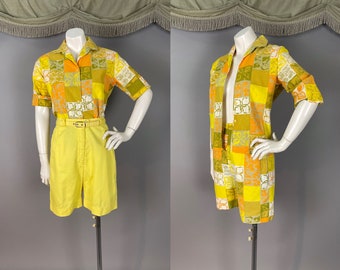 1960s shorts set 3pc vintage 60s YELLOW GREEN PRINT shirt top