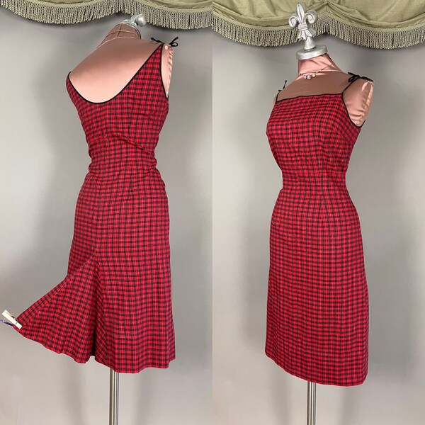 1950s dress vintage 50s RED PLAID HOURGLASS mermaid flare back cotton