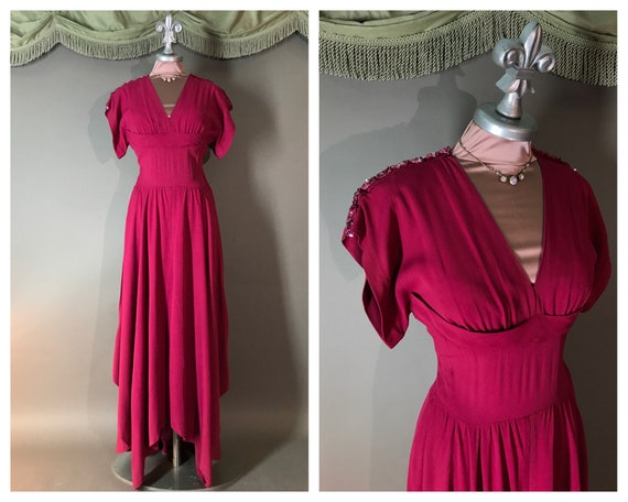 1940s dress vintage 40s MAGENTA PINK SEQUIN draped