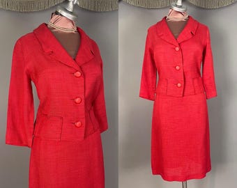 1960s vintage 60s RED LINEN SUIT 2pc 4 season set skirt jacket