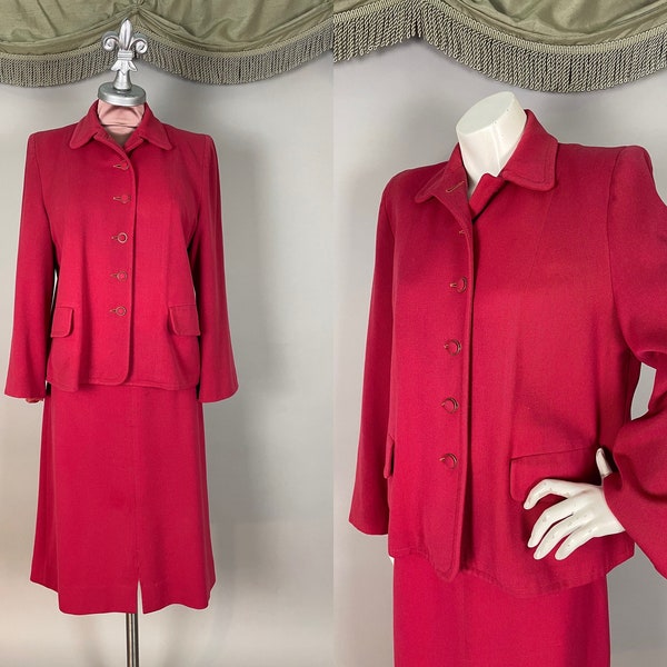 Costume des années 40 vintage des années 40 MUTED RED WOOL, manteau évasé, 2 pièces jupe veste