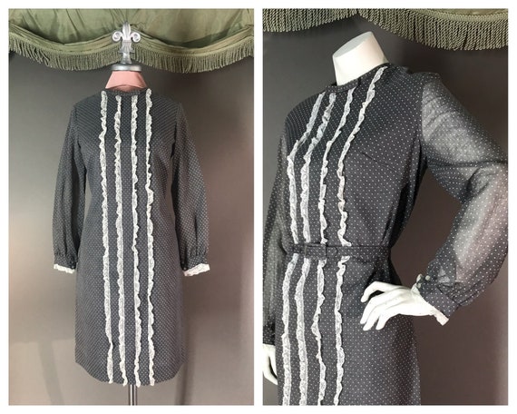 1960s dress 60s vintage GRAY WHITE LACE polka dots