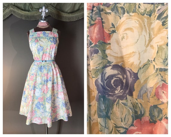 80s dress 1980s vintage COTTON PASTEL ROSES print