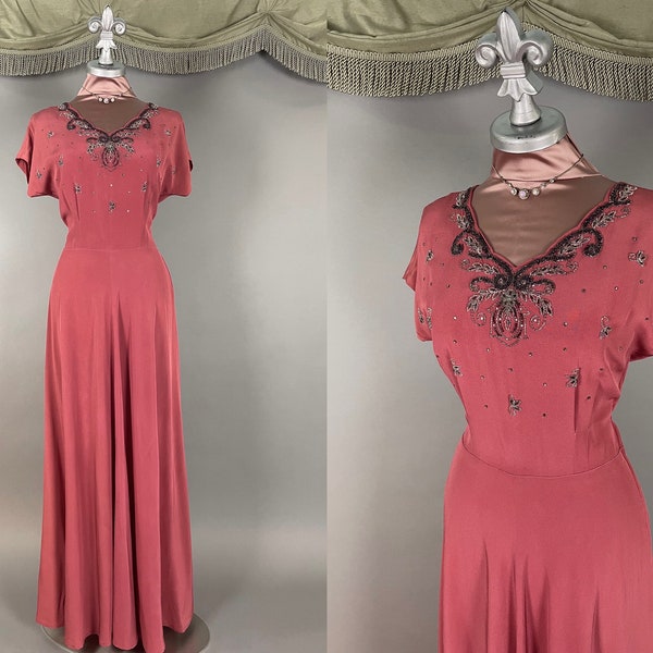 1940s dress vintage 40s ROSE PINK BEADED purple silver Dubarry evening gown cocktail party