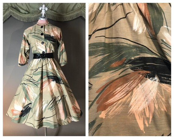 80s dress 1980s vintage ABSTRACT PALMS green cotto