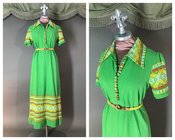 1970s dress vintage 70s GREEN EMBROIDERY GUATEMALA