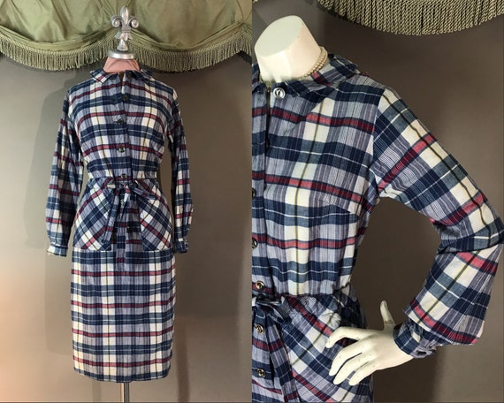 1960s dress 50s BLUE RED PLAID madras cotton cinch