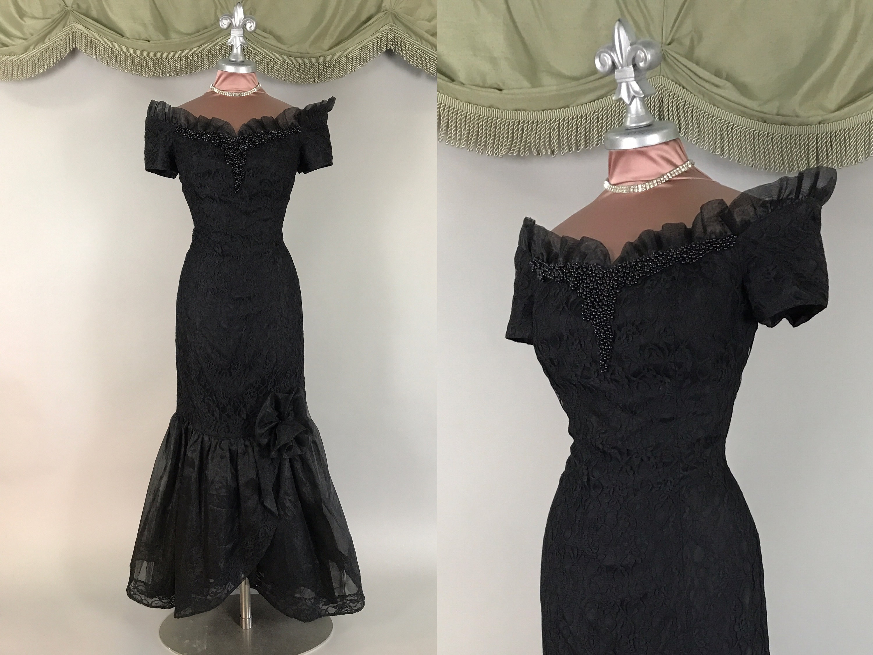 Vintage 1950s Black Dress, Full Circle Skirt, fits 35 inch bust, Lace &  Trapunto, 204 inch hem sweep
