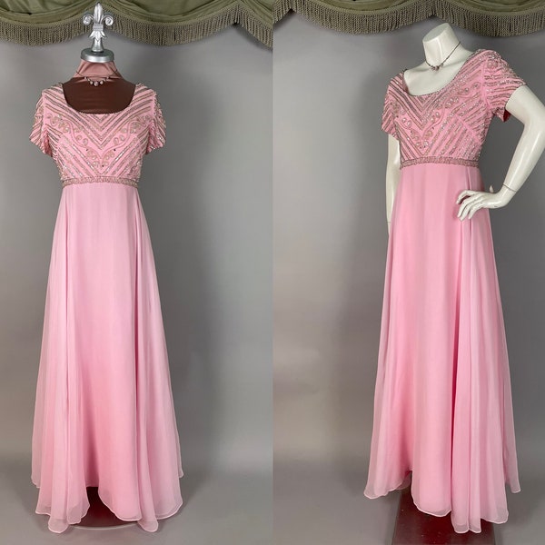 1960s dress vintage 60s BEADED PINK CHIFFON party formal gown