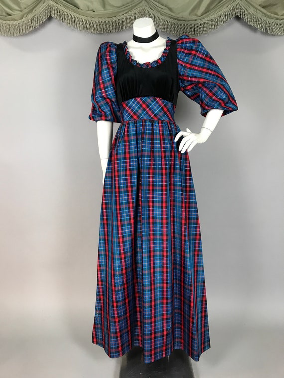 1970s dress vintage 70s PLAID TAFFETA VELVET blac… - image 4