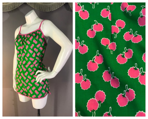 1960s swimsuit playsuit 70s PINK GREEN FLORAL cott
