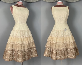 1950s dress vintage 50s COFFE CREAM LACE tiered full skirt party cocktail