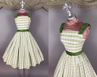Jaren '50 jurk vintage jaren '50 GROEN WIT BORDUURSEL katoen fit flare