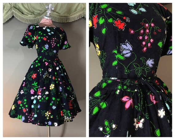 80s dress 1980s vintage BRIGHT FLORAL NAVY blue fl