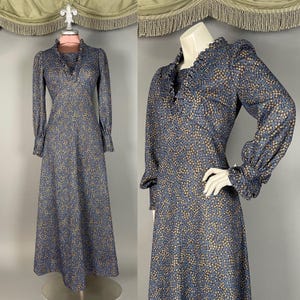 May include: A floor-length blue dress featuring a dense pattern of small yellow and white flowers. The garment has long sleeves with ruffled cuffs, a V-neckline with a ruffled collar, and a fitted bodice that flows into a full-length skirt.