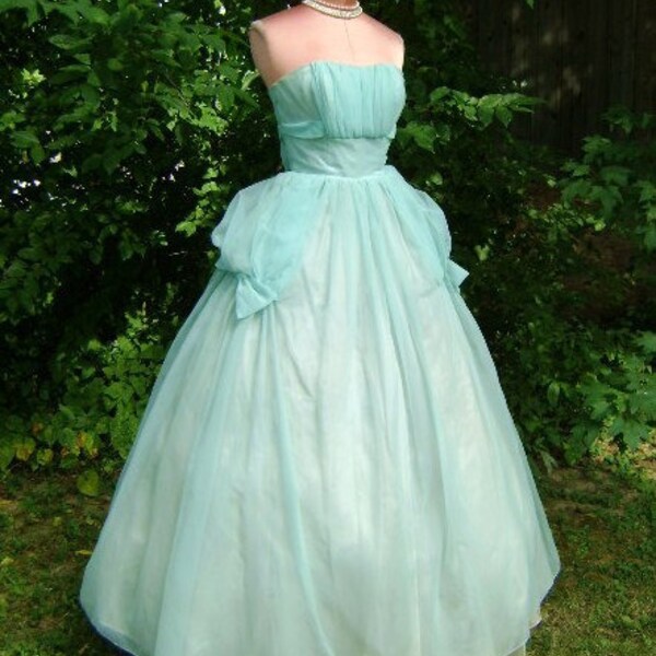 SALE Vintage 50s 1950s AQUA BLUE turquoise chiffon ball gown formal dance prom wedding party dress glamorous