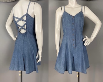 1990s romper vintage 90s CHAMBRAY DENIM BLUE flare shorts sun jumper