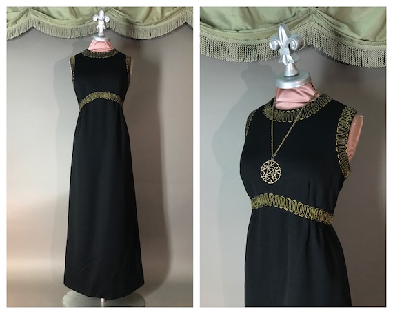 1960s dress vintage 70s BLACK GOLD EMBROIDERY maxi