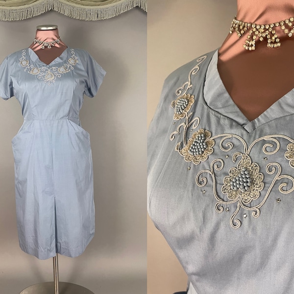 1950s dress vintage 50s BLUE BEADED HOURGLASS cotton rhinestone hourglass party cocktail