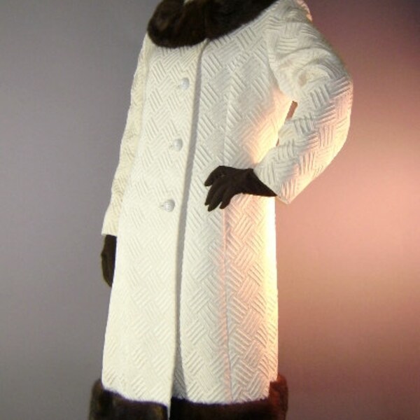 1960s coat 60s IVORY RHINESTONE MINK brown fur and cream satin brocade A line coat