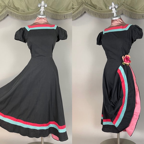 1940s dress vintage 40s COLOR BLOCK black pink blue  puff sleeve cotton party dance