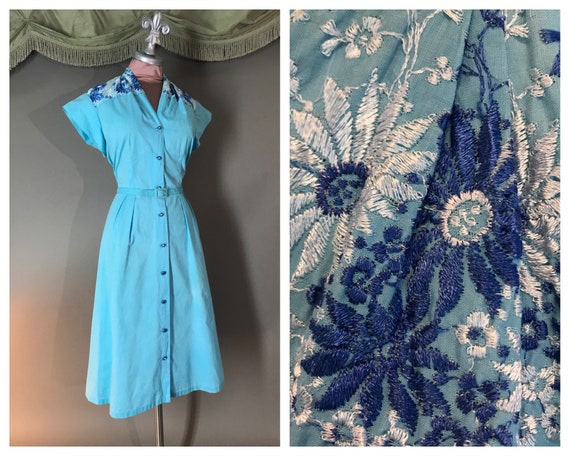 1950s dress vintage 50s BLUE EMBROIDERY COTTON day