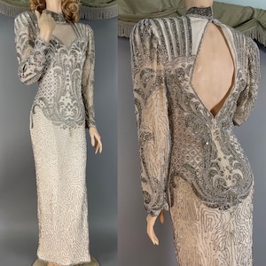 1980s dress vintage 80s BEADED SEQUIN white silver formal wedding evening gown