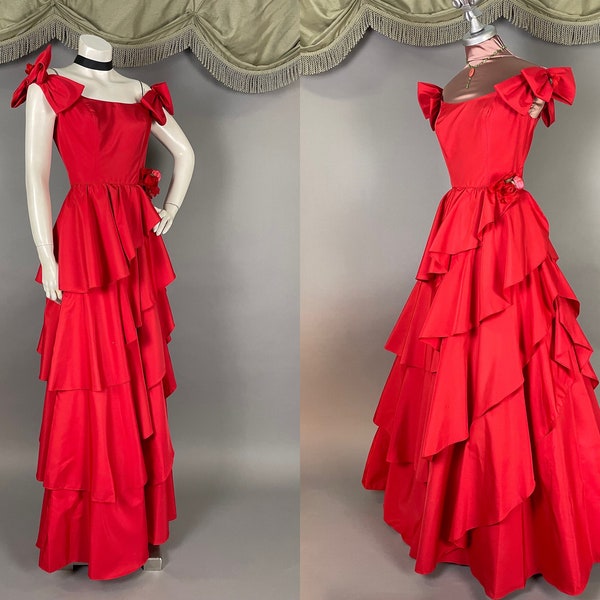 RED ROSES CASCADE ruffles Vintage 1980s dress evening gown formal