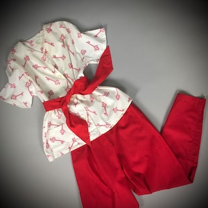 1950s pajamas vintage 50s new old stock RED NOVELTY PRINT keys 2pc shirt top pants