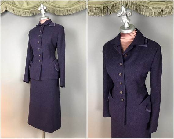 1940s suit vintage 50s PURPLE HOUNDSTOOTH WOOL 2pc