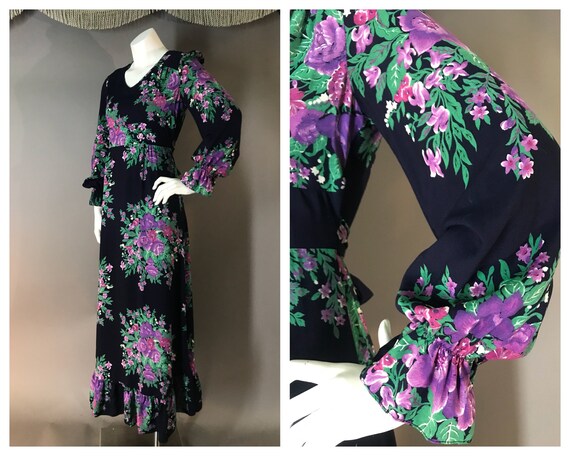 1970s dress vintage 70s VIOLET PURPLE FLORAL Rayon