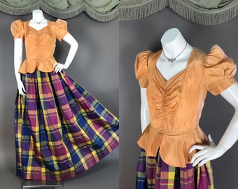 1940s dress vintage 40s RAINBOW PLAID TAFFETA puff sleeve gown formal party dress