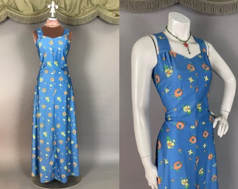 Jaren '70 zonnejurk vintage jaren '70 SKY BLUE FLORAL oranje geel groene maxi jurk