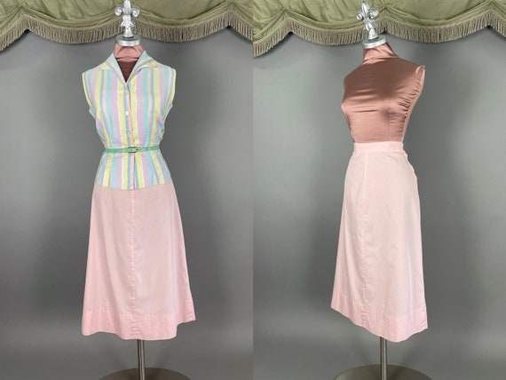 1950s dress set vintage 50s PASTEL RAINBOW PINK c… - image 1