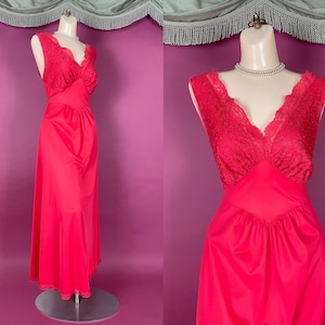 1950s nightgown vintage 50s RED LACE NYLON Vanity Fair night gown slip dress
