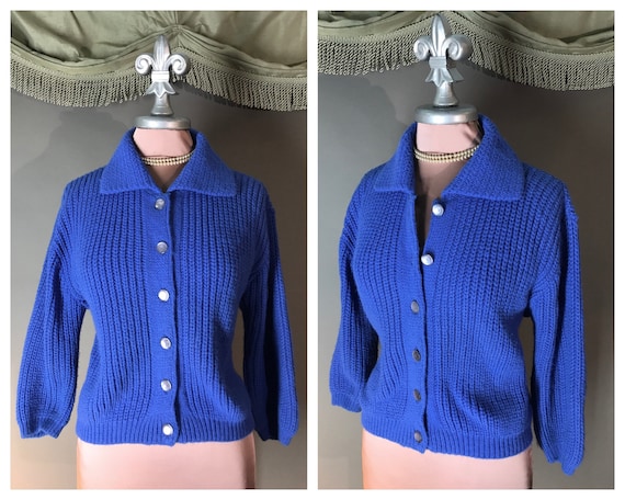 1950s Sweater Vintage 50s BLUE SHAKER KNIT orlon c