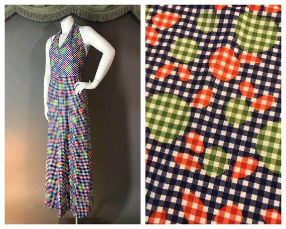 1970s dress vintage 70s APPLE GINGHAM print blue r