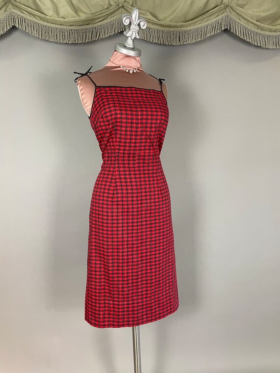 1950s dress vintage 50s RED PLAID HOURGLASS merma… - image 3