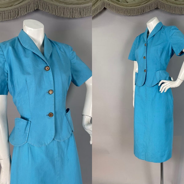 1940s suit vintage 40s TURQUOISE BLUE COTTON 2pc set jacket skirt