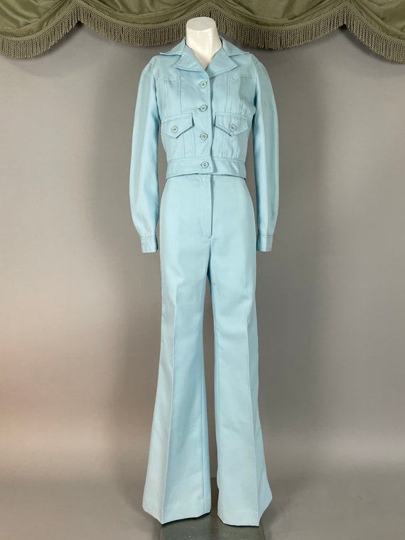 1970s pants suit vintage 70s BABY BLUE GABARDINE shor… Gem