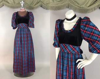 1970s dress vintage 70s PLAID TAFFETA VELVET black blue red silver puff sleeve maxi dress