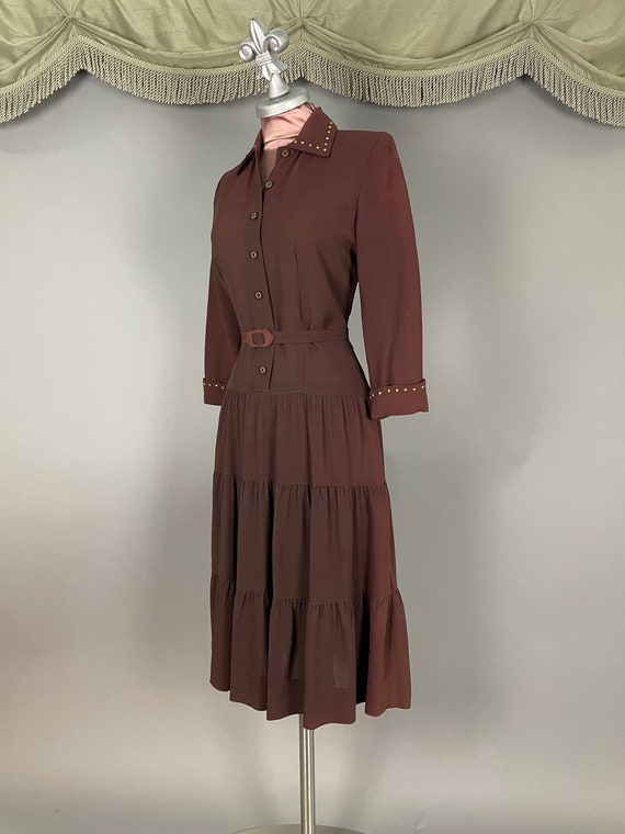 1940s dress vintage 40s BROWN GOLD STUDDED flower… - image 3