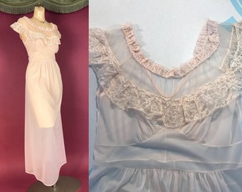 1950s nightgown vintage 50s SHEER PINK NYLON lace lounge lingerie gown