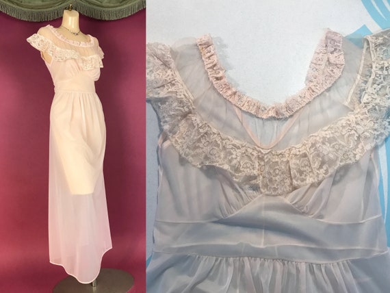 1950s nightgown vintage 50s SHEER PINK NYLON lace… - image 1