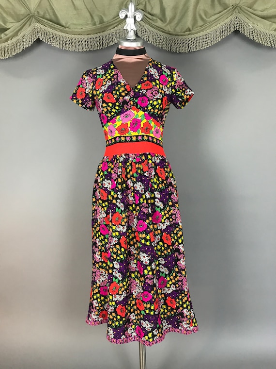1960s dress vintage 60s DAYGLO FLORAL bright bord… - image 2